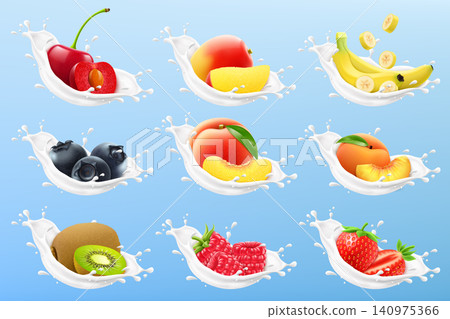 Milk splash set with 3D berries isolated on blue background. Vector realistic illustration of sweet cherry, mango, banana, peach, kiwi, raspberry, strawberry, white yogurt splatter, dairy pack design 140975366