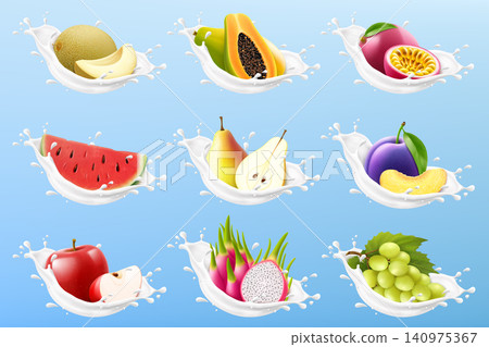 Milk splash set with 3D berries isolated on blue background. Vector realistic illustration of sweet melon, papaya, watermelon, pear, plum, apple, grapes, white yogurt splatter, dairy pack design Milk splash set with 3D berries isolated on blue background. Vector realistic illustration of sweet melon, papaya, watermelon, pear, plum, apple, grapes, white yogurt splatter, dairy pack design 140975367