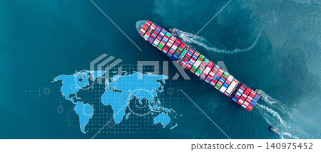 Aerial view container cargo ship with world map network, Container cargo ship in import export logistic freight shipping, Business logistics transportation international by container cargo ship. Aerial view container cargo ship with world map network, Container cargo ship in import export logistic freight shipping, Business logistics transportation international by container cargo ship. 140975452