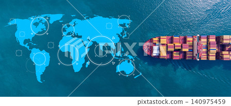 Aerial view container cargo ship with world map network, Container cargo ship in import export logistic freight shipping, Business logistics transportation international by container cargo ship. 140975459