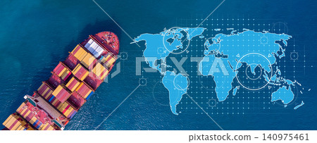 Aerial view container cargo ship with world map network, Container cargo ship in import export logistic freight shipping, Business logistics transportation international by container cargo ship. Aerial view container cargo ship with world map network, Container cargo ship in import export logistic freight shipping, Business logistics transportation international by container cargo ship. 140975461