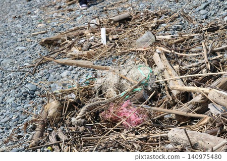 Driftwood and garbage washed up on the beach Driftwood and garbage washed up on the beach 140975480