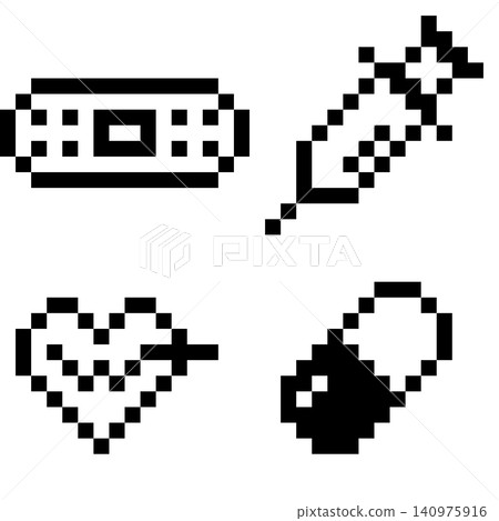 Set of 4 black and white pixel art mini medical icons with transparent backgrounds. Set of 4 black and white pixel art mini medical icons with transparent backgrounds. 140975916