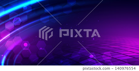 Abstract futuristic background featuring glowing neon grid tiles with blue, cyan, and purple gradient lights. Digital technology. 140976554