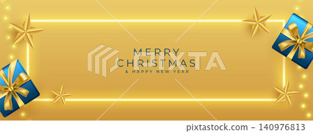 glowing merry christmas golden banner with giftbox and lights glowing merry christmas golden banner with giftbox and lights 140976813