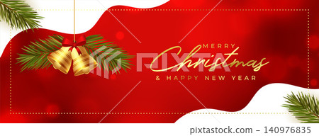 stylish merry christmas invitation banner with green fir and bell stylish merry christmas invitation banner with green fir and bell 140976835