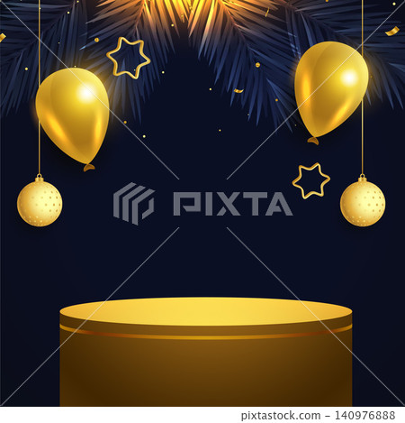 merry christmas occasion banner with 3d podium and balloon design vector illustration 140976888