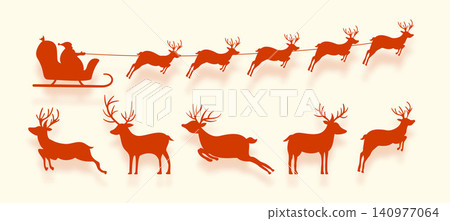 silhouette of santa claus flying on sleigh with reindeer design in set silhouette of santa claus flying on sleigh with reindeer design in set 140977064