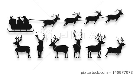 silhouette of santa claus flying on sleigh with reindeer design in set silhouette of santa claus flying on sleigh with reindeer design in set 140977078