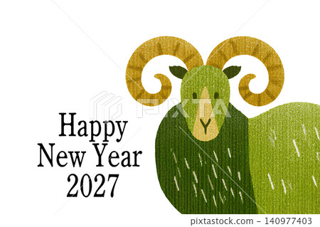 New Year's greeting card for 2027, Year of the Sheep: A simple and modern Scandinavian-style illustration of a cute sheep with big horns, drawn in a stamp-like style. New Year's greeting card for 2027, Year of the Sheep: A simple and modern Scandinavian-style illustration of a cute sheep with big horns, drawn in a stamp-like style. 140977403