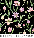 Seamless pattern of pastel pink light violet yellow bud Tulips watercolor illustration isolated on background. Hand drawn delicate spring perennial bulbous flower for spring wedding repeat design 140977406