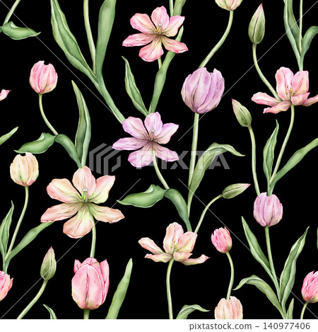 Seamless pattern of pastel pink light violet yellow bud Tulips watercolor illustration isolated on background. Hand drawn delicate spring perennial bulbous flower for spring wedding repeat design 140977406