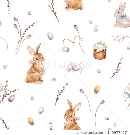 Watercolor seamless pattern with easter bunny with bow and quail and colors eggs. Repeat pattern pastel color with willow and easter cake. Tender hand drawn illustration of isolated. For Easter design Watercolor seamless pattern with easter bunny with bow and quail and colors eggs. Repeat pattern pastel color with willow and easter cake. Tender hand drawn illustration of isolated. For Easter design 140977417