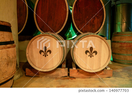 Decorated Oak Barrels Fleur-de-lis Heritage Estate Scene Decorated Oak Barrels Fleur-de-lis Heritage Estate Scene 140977703