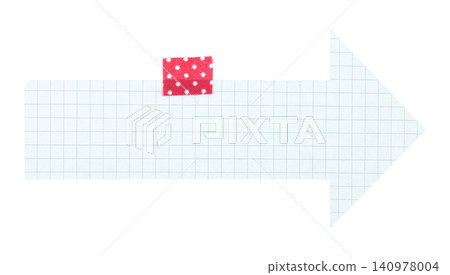 Notepad sheet paper arrow attached with adhesive tape, isolated on transparent background. Creative handmade design element for direction, navigation, labels, notes and branding 140978004