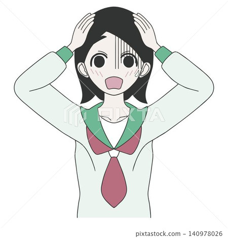 An illustration of a high school girl in a uniform, looking despairing and holding her head in her hands. An illustration of a high school girl in a uniform, looking despairing and holding her head in her hands. 140978026