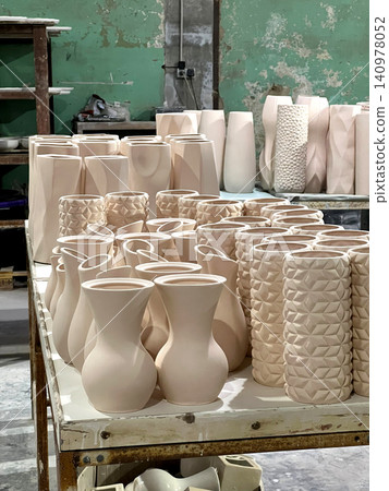 In a pottery workshop, various ceramic vases and pots made from clay are neatly arranged, showcasing unique shapes and textures In a pottery workshop, various ceramic vases and pots made from clay are neatly arranged, showcasing unique shapes and textures 140978052