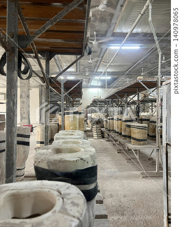 Clay containers are neatly arranged in a ceramics workshop, showcasing the production process during the morning hours Clay containers are neatly arranged in a ceramics workshop, showcasing the production process during the morning hours 140978065