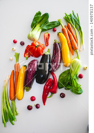 Bold vertical vegetable display for market with eggplant Bold vertical vegetable display for market with eggplant 140978137