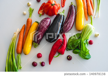 Closeup of colorful garden vegetables showing textures of eggplant Closeup of colorful garden vegetables showing textures of eggplant 140978138