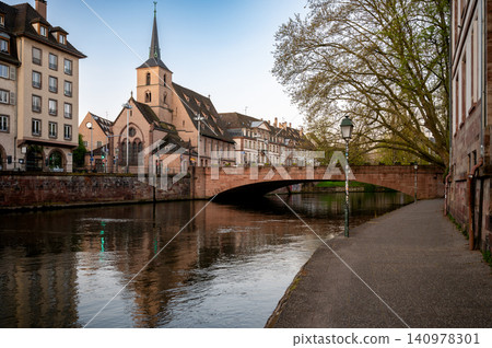 Morning Canal View Stone Bridge and Timber Facades Morning Canal View Stone Bridge and Timber Facades 140978301