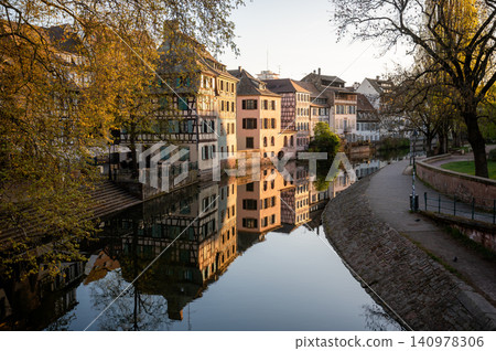 Golden Hour Promenade Curved Canal Timbered Facades Golden Hour Promenade Curved Canal Timbered Facades 140978306