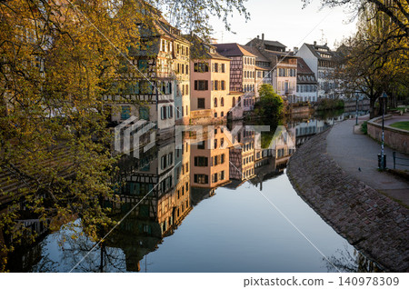 Panoramic Morning View Along Ill River Timbered Houses Panoramic Morning View Along Ill River Timbered Houses 140978309