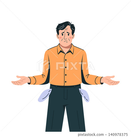 A flat vector illustration of a sad man showing his empty pockets. A conceptual image representing poverty, financial loss, bankruptcy, or lack of money. 140978375