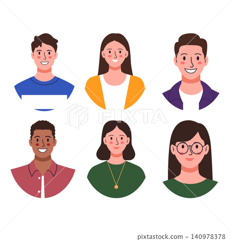 Flat vector illustration featuring a diverse set of smiling character avatars. Friendly and modern headshots ideal for social media, team pages, or user profiles. Flat vector illustration featuring a diverse set of smiling character avatars. Friendly and modern headshots ideal for social media, team pages, or user profiles. 140978378
