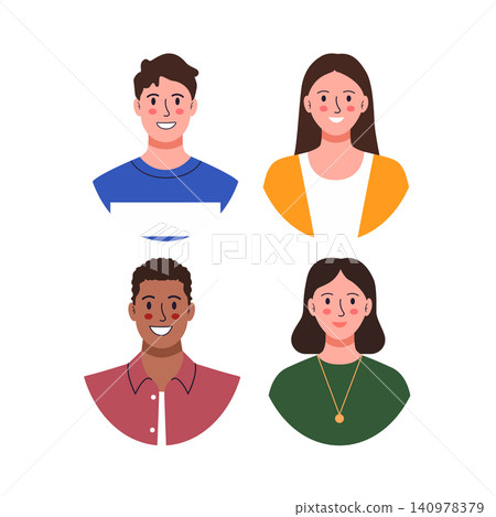 Flat vector illustration featuring a diverse group of four smiling young people. A clean and friendly design suitable for social media, community, or team concepts. Flat vector illustration featuring a diverse group of four smiling young people. A clean and friendly design suitable for social media, community, or team concepts. 140978379
