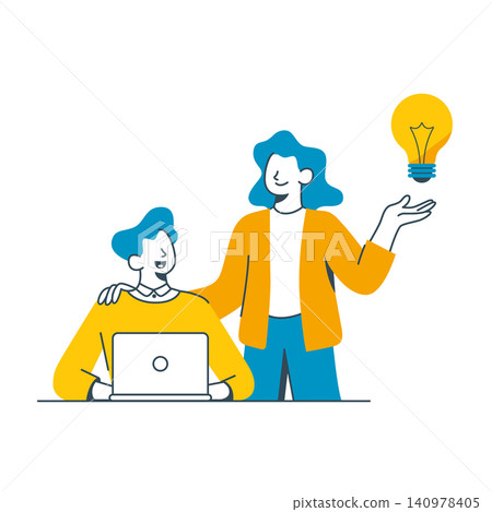 Flat vector illustration of two colleagues working at a laptop. A woman holds a glowing light bulb, symbolizing a collaborative creative breakthrough and shared success. 140978405