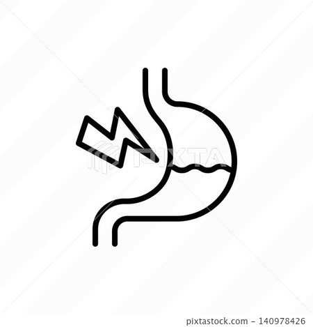 Stomach damage. Thin line icon. Gastroesophageal reflux GER, abdominal inflammation, consequences of alcohol abuse. Healthcare vector illustration. 140978426