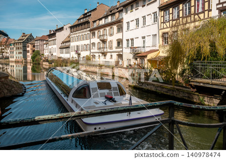 Canal Sightseeing Boat Docking in Morning Strasbourg Canal Sightseeing Boat Docking in Morning Strasbourg 140978474