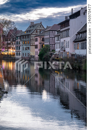 Dusk Canal Half-Timbered Houses Petite France Strasbourg Dusk Canal Half-Timbered Houses Petite France Strasbourg 140978477