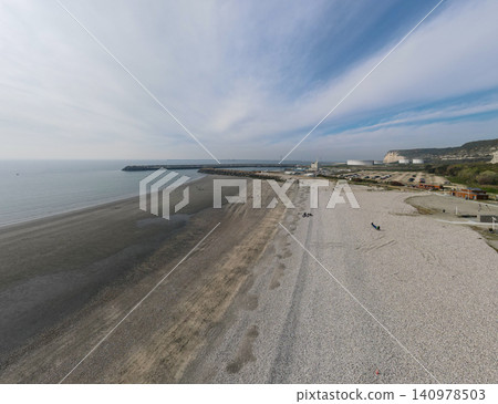 Aerial View of Saint Jouin Bruneval Beach with Waves and Cliffs Aerial View of Saint Jouin Bruneval Beach with Waves and Cliffs 140978503
