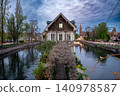 Blue Hour Panorama Riverside Houses With Wisteria 140978587