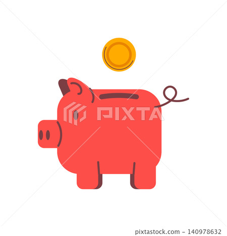 A simple flat illustration of a pink piggy bank with a gold coin hovering above the slot. A clean, minimalist concept representing savings, finance, and investment. A simple flat illustration of a pink piggy bank with a gold coin hovering above the slot. A clean, minimalist concept representing savings, finance, and investment. 140978632