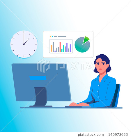 A flat vector illustration of a professional woman working at a computer, featuring a clock and a dashboard with data charts. A concept of business and data analysis. 140978633