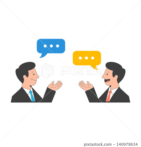 Flat vector illustration of two businessmen in suits having a dialogue with speech bubbles. Represents communication, business negotiation, and social interaction. Flat vector illustration of two businessmen in suits having a dialogue with speech bubbles. Represents communication, business negotiation, and social interaction. 140978634