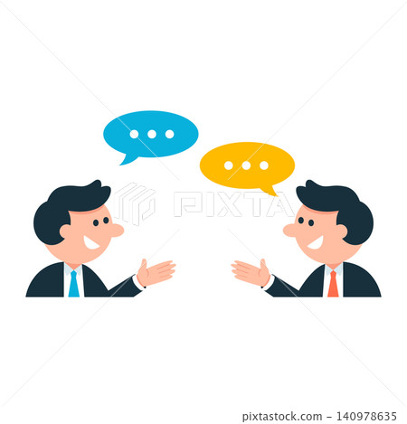 Flat vector illustration of two businessmen in suits having a dialogue with speech bubbles. Represents communication, business negotiation, and social interaction. 140978635