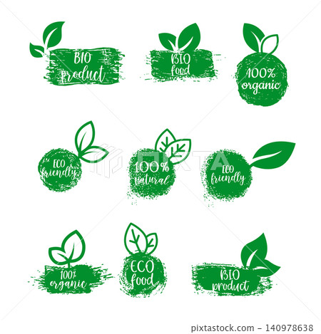 A collection of various green eco emblems and labels for eco emblems, featuring leaves and handwritten text like "organic," "vegan," and "gluten free." A collection of various green eco emblems and labels for eco emblems, featuring leaves and handwritten text like "organic," "vegan," and "gluten free." 140978638