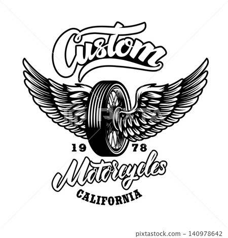 A vintage motorcycle emblem featuring a central spoked wheel with large spread wings. The design includes "Custom Motorcycles California" in stylized script. A vintage motorcycle emblem featuring a central spoked wheel with large spread wings. The design includes "Custom Motorcycles California" in stylized script. 140978642