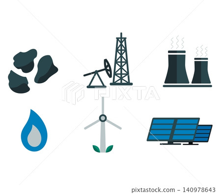 A set of flat icons representing various energy sources, including coal, oil rigging, nuclear power, natural gas, wind turbines, and solar panels. A set of flat icons representing various energy sources, including coal, oil rigging, nuclear power, natural gas, wind turbines, and solar panels. 140978643