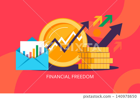 A vibrant flat illustration for financial freedom featuring stacks of coins, a large gold coin with a growth graph, an envelope with a report, and rising arrows. A vibrant flat illustration for financial freedom featuring stacks of coins, a large gold coin with a growth graph, an envelope with a report, and rising arrows. 140978650