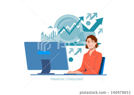 A professional female financial consultant working at a computer, surrounded by business growth icons like rising charts, stacks of coins, and upward-pointing arrows. A professional female financial consultant working at a computer, surrounded by business growth icons like rising charts, stacks of coins, and upward-pointing arrows. 140978651