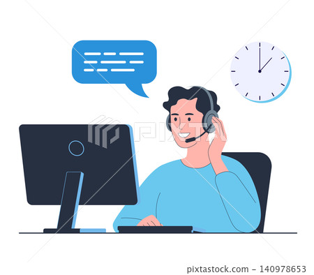 A flat vector illustration of a male support agent wearing a headset at his computer. Features a speech bubble and a clock, representing timely customer service. A flat vector illustration of a male support agent wearing a headset at his computer. Features a speech bubble and a clock, representing timely customer service. 140978653