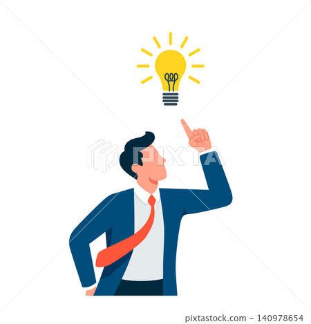 Flat vector illustration of a faceless businessman in a suit pointing his finger at a glowing light bulb. A clean conceptual image representing a new business idea. Flat vector illustration of a faceless businessman in a suit pointing his finger at a glowing light bulb. A clean conceptual image representing a new business idea. 140978654
