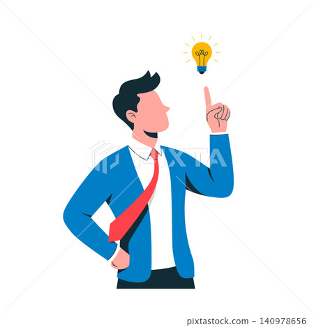 Flat vector illustration of a smiling businessman pointing up at a small glowing light bulb. Represents finding a smart solution, creative thinking, and inspiration. Flat vector illustration of a smiling businessman pointing up at a small glowing light bulb. Represents finding a smart solution, creative thinking, and inspiration. 140978656