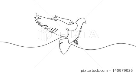 Flying dove in continuous line art drawing style. Pigeon hand drawn vector illustration. Minimalist black linear sketch isolated on white background. Flying dove in continuous line art drawing style. Pigeon hand drawn vector illustration. Minimalist black linear sketch isolated on white background. 140979026