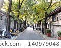 Hutong in Beijing China with sunlight filters through autumn trees lining a quiet street 140979048